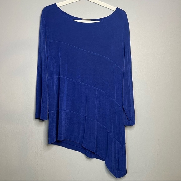 Chico's Liquid Knit Asymmetrical Women's Tunic Cobalt Blue Size L Tiered Slinky - Picture 2 of 8